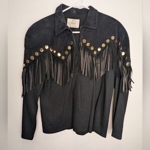 Vintage Ayako Black Leather Trim Fringe Shirt Zipper Gold Festival Size Medium?